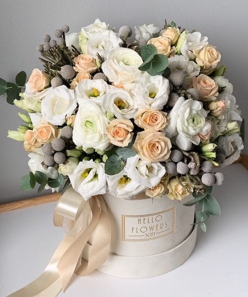 Mix of fresh flowers in a big beige velor box - flowers in boxes | flower box